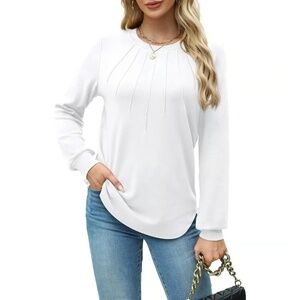 Women's Loose Fit Tunic Top with Pleats & Long Sleeves White Small